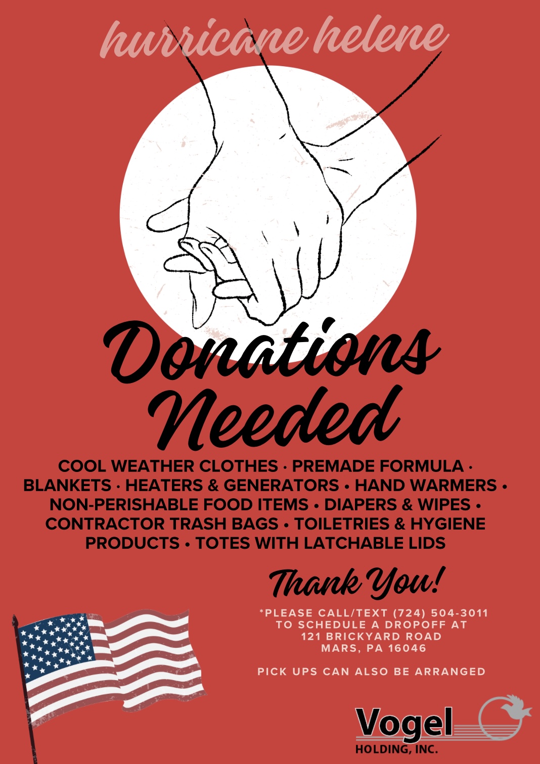 Vogel Disposal is helping the victims of hurricane helene by donating, and accepting, donations.